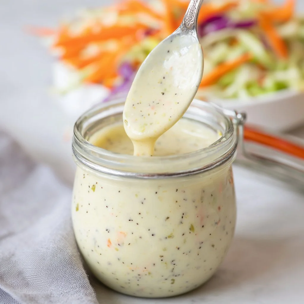 Bowl of coleslaw featuring vibrant vegetables and creamy dressing.