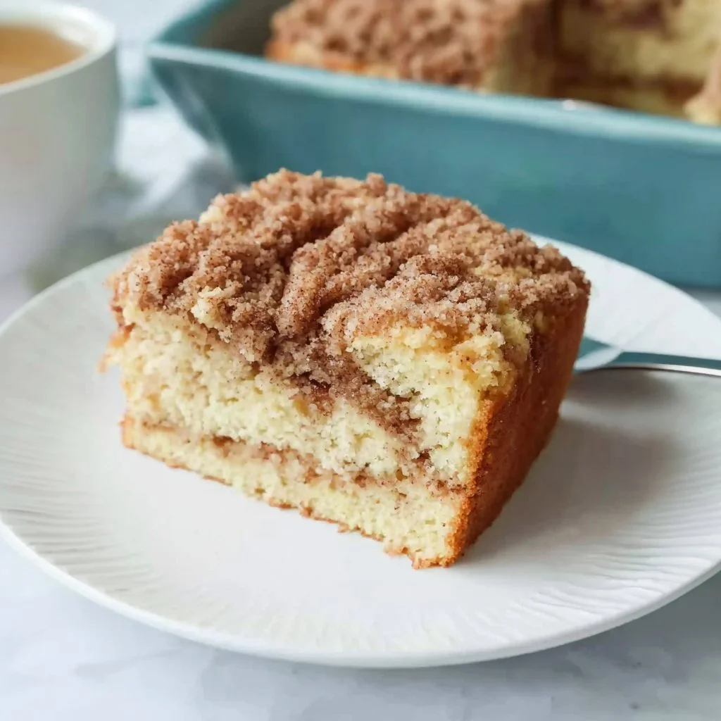 Delicious sour cream coffee cake slice on a plate with a fork