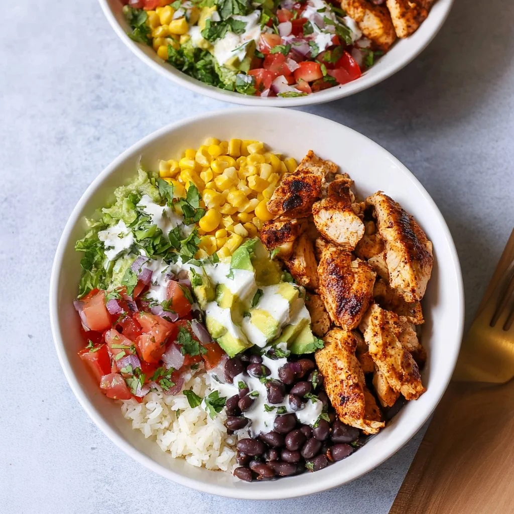 Delicious chicken burrito protein bowl with fresh ingredients and vibrant colors.