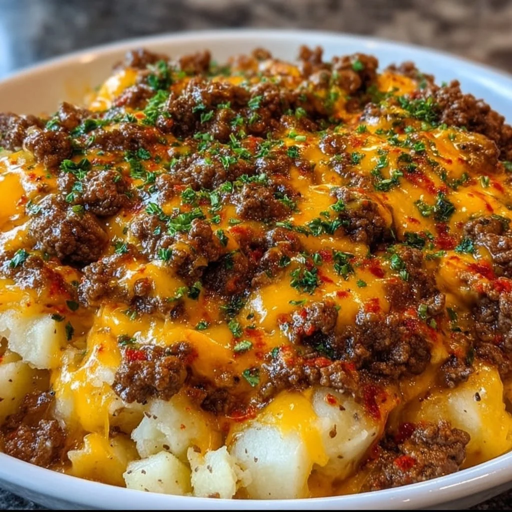 Cheesy Ground Beef & Potato Bowl topped with melted cheese and fresh herbs