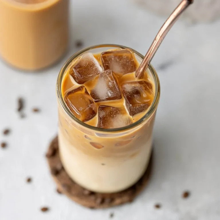 Delicious iced coffee in a glass with ice and coffee beans