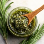 Delicious homemade rosemary pesto sauce in a glass jar