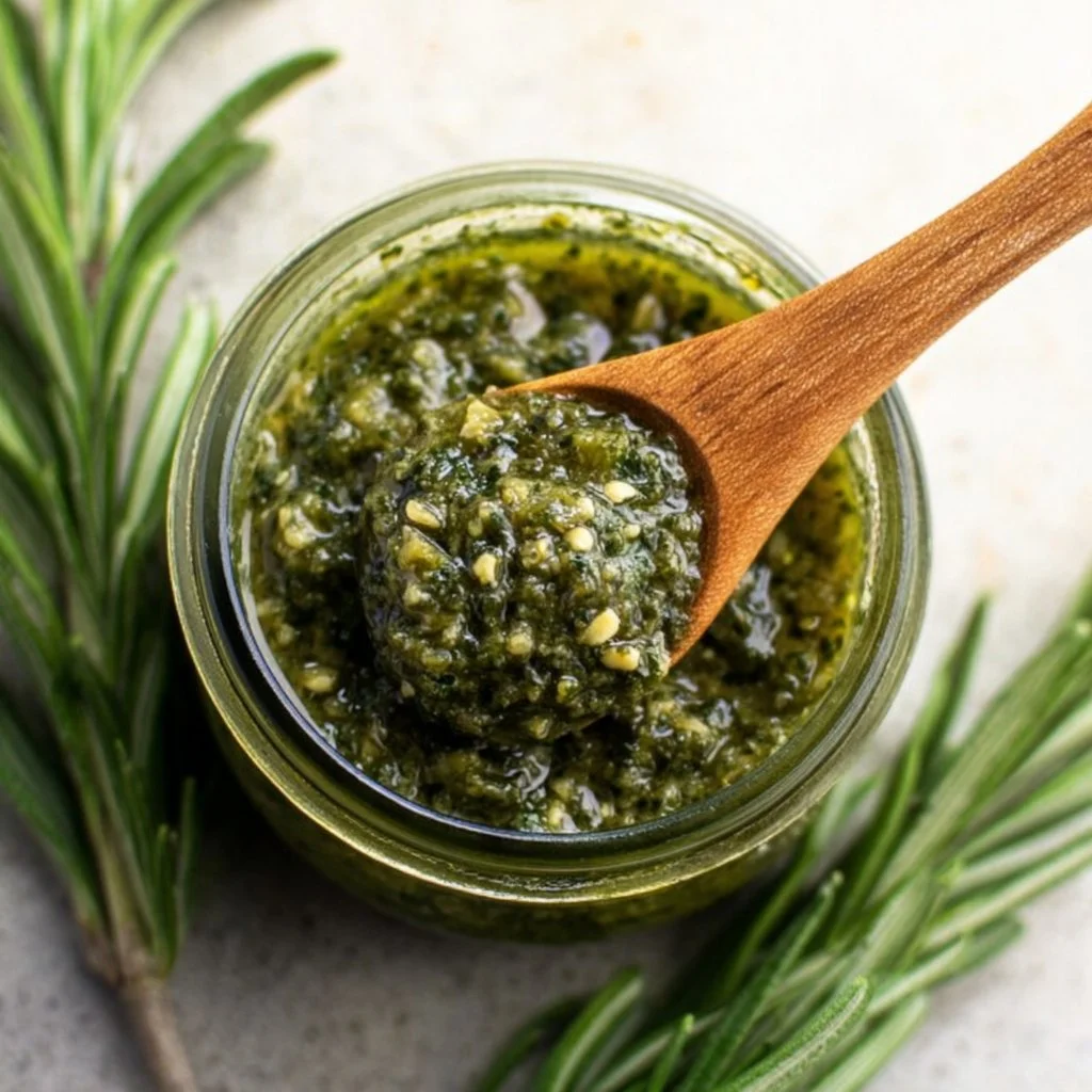 Delicious homemade rosemary pesto sauce in a glass jar