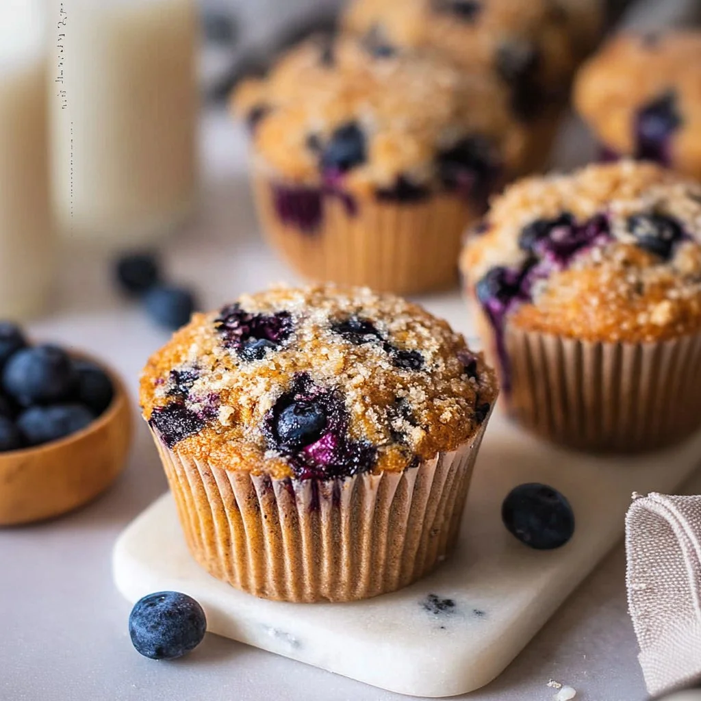 Vegan blueberry muffins fresh out of the oven, bursting with juicy blueberries.