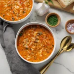Bowl of Vegan Creamy Italian Cabbage Soup garnished with herbs