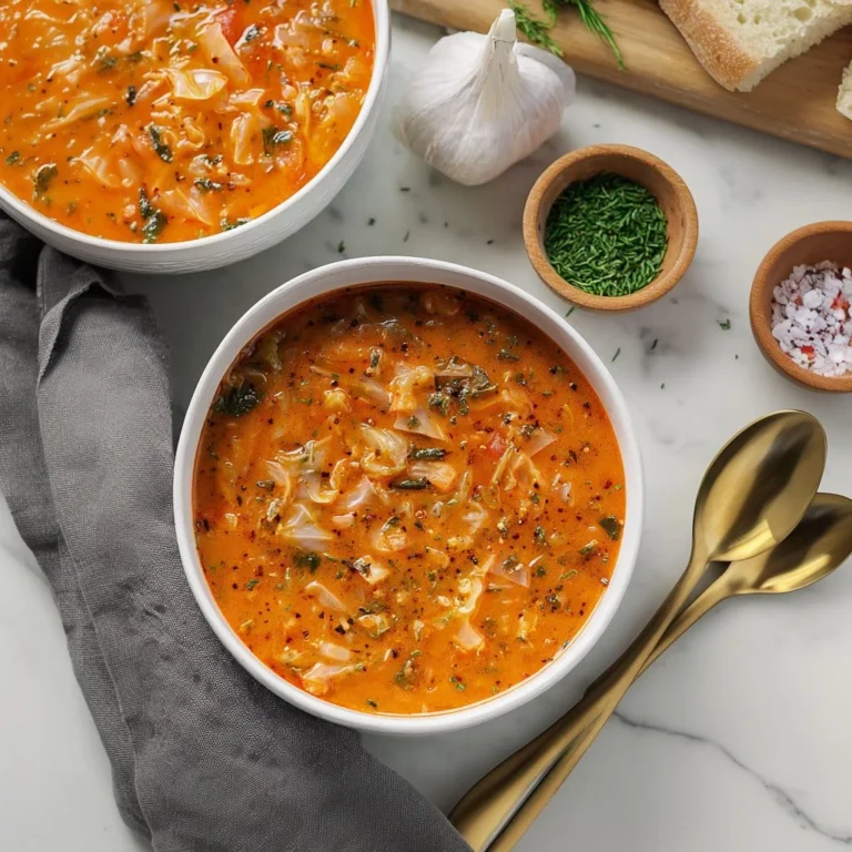 Bowl of Vegan Creamy Italian Cabbage Soup garnished with herbs