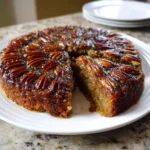 Vegan Pecan Upside Down Cake topped with caramelized pecans