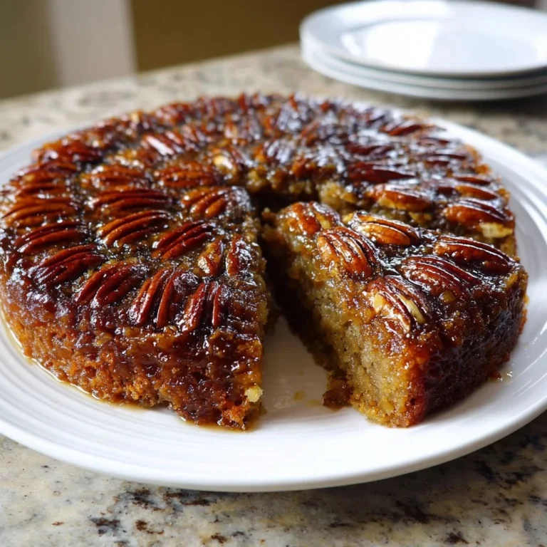 Vegan Pecan Upside Down Cake topped with caramelized pecans