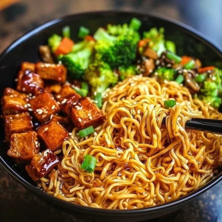 Delicious vegan teriyaki noodle bowl filled with fresh vegetables and noodles