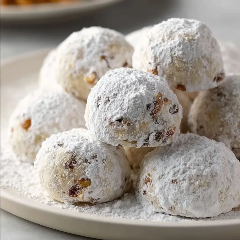 Delicious Walnut Snowball Cookies on a plate dusted with powdered sugar.