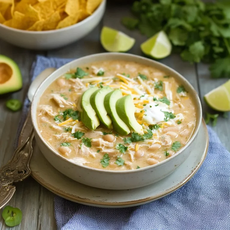 Bowl of homemade White Chicken Chili topped with cilantro and lime.
