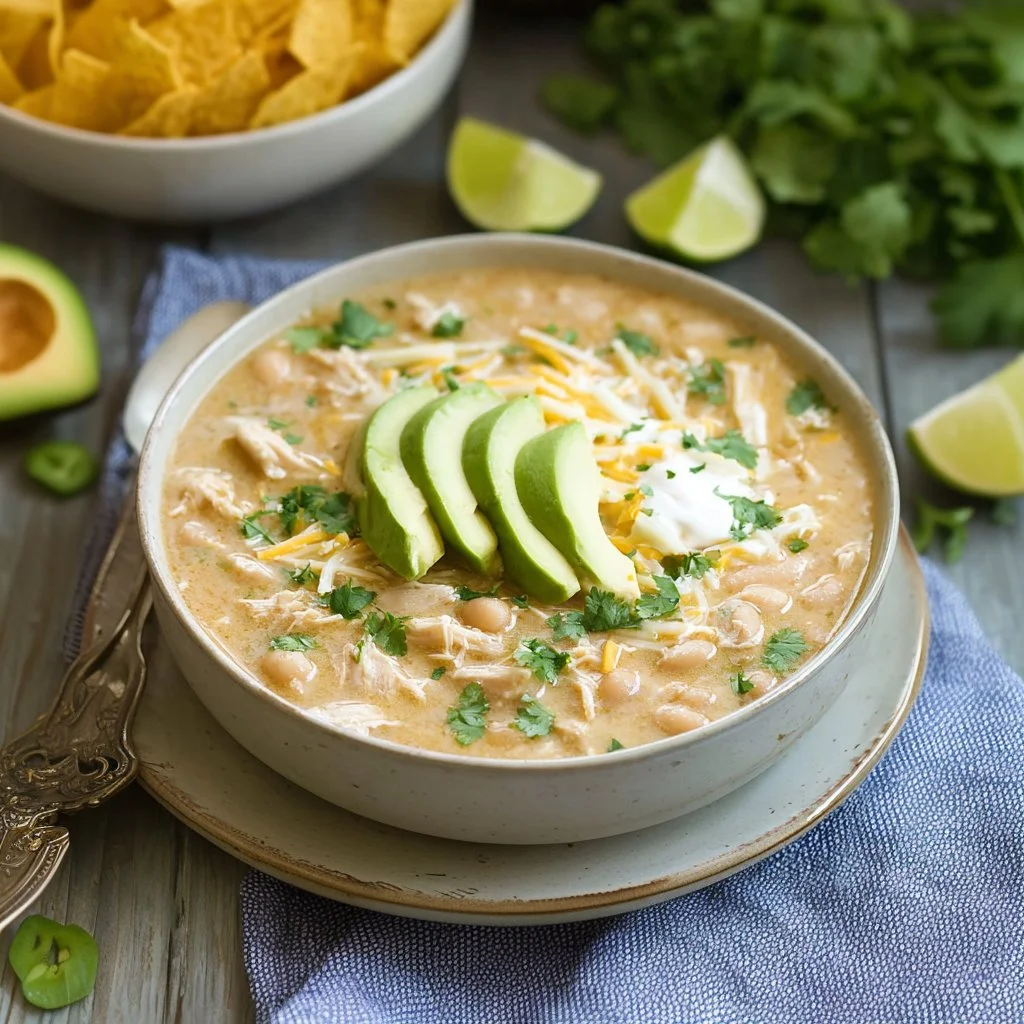 Bowl of homemade White Chicken Chili topped with cilantro and lime.