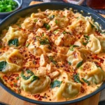 Viral chicken dumpling bake topped with crispy golden crust and served in a cozy setting.