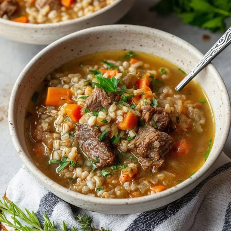 Bowl of hearty beef barley soup with vegetables and herbs