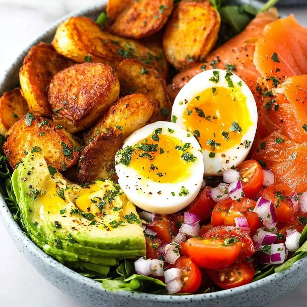 Smoked salmon breakfast bowl with fresh ingredients and vibrant colors