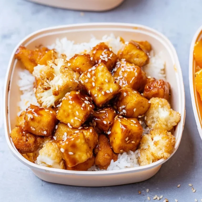 Plate of orange tofu garnished with green onions and sesame seeds.