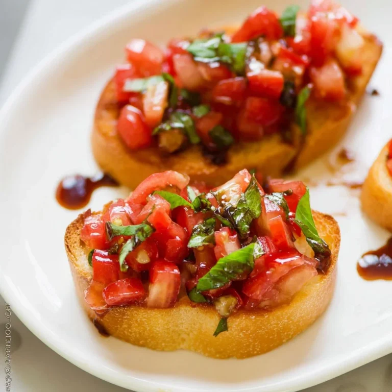 Delicious tomato bruschetta topped with fresh basil on toasted bread.