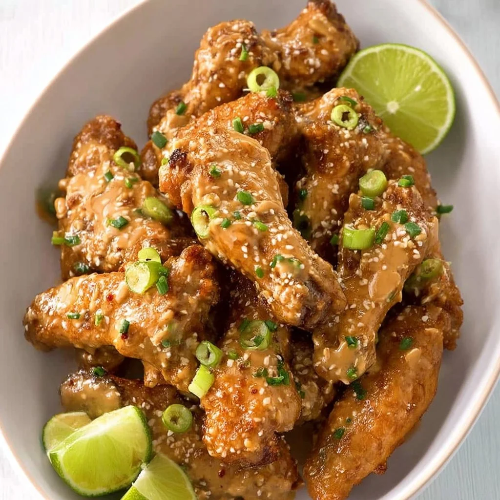 Air Fryer Thai Peanut Chicken Wings garnished with herbs and served with dipping sauce