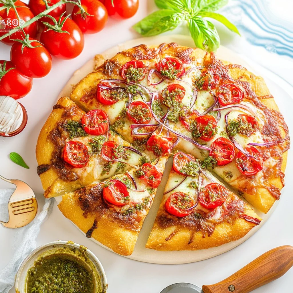 Delicious bruschetta pizza topped with fresh tomatoes and basil