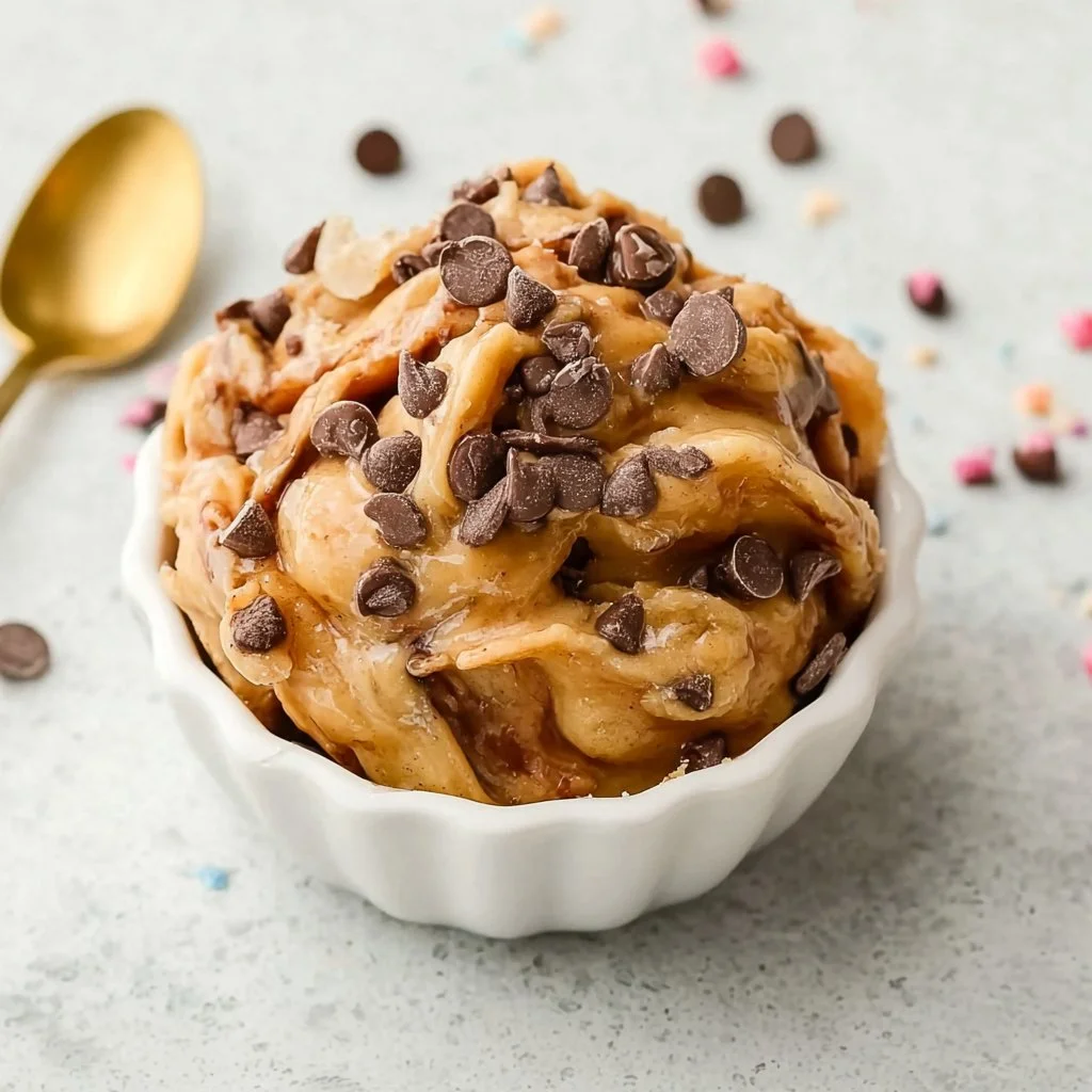 Bowl of delicious edible chocolate chip cookie dough ready to enjoy