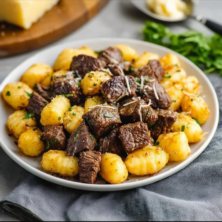 Air fryer steak bites with gnocchi served on a plate