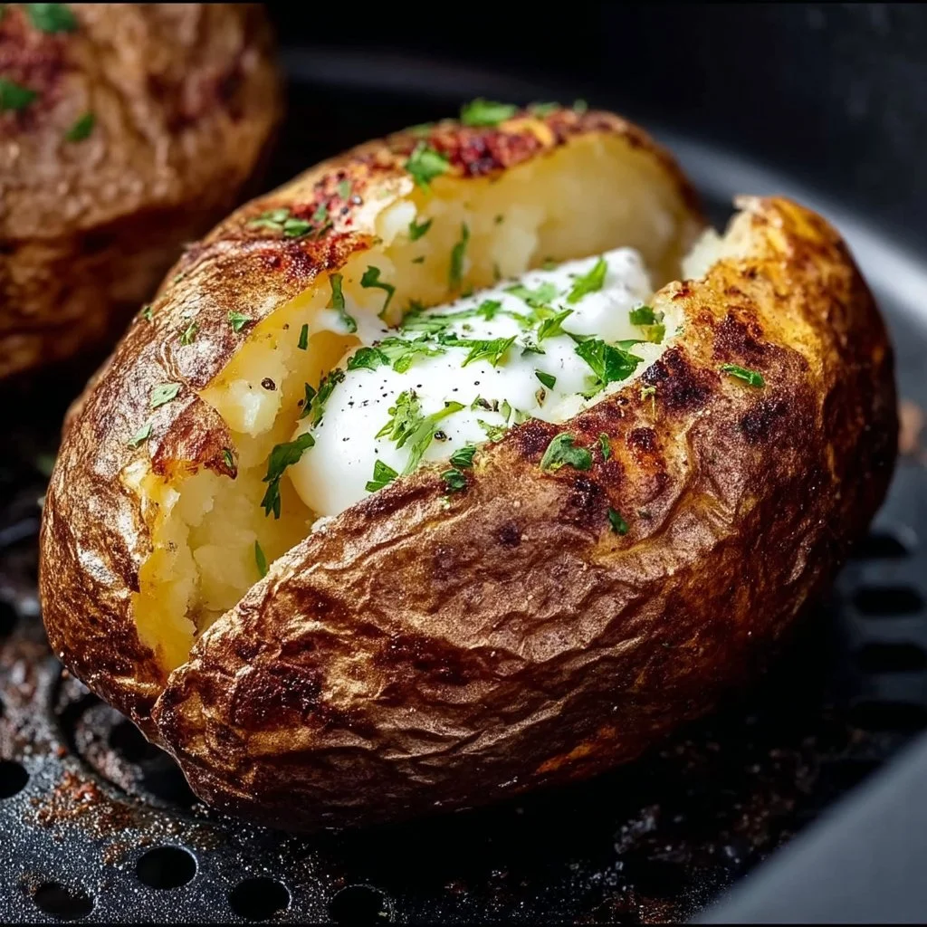 Perfectly cooked air fryer baked potato with a crispy skin and fluffy interior.