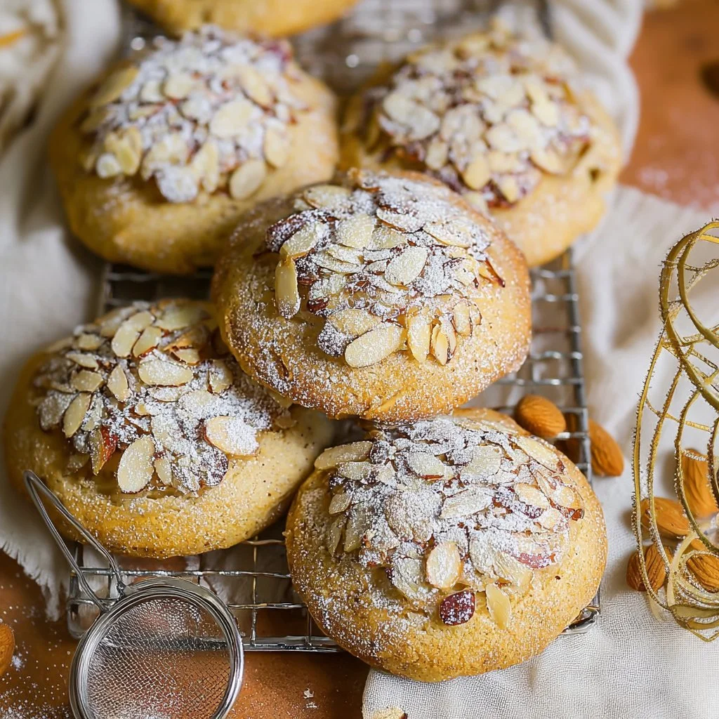 Delicious almond croissant cookies arranged on a plate.