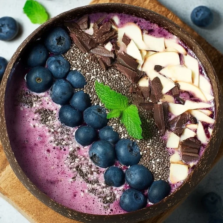 Delicious blueberry smoothie bowl topped with fresh fruits and nuts