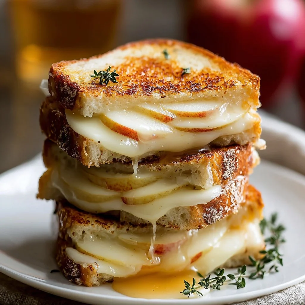 Delicious Apple Brie Grilled Cheese Sandwich on a wooden cutting board.