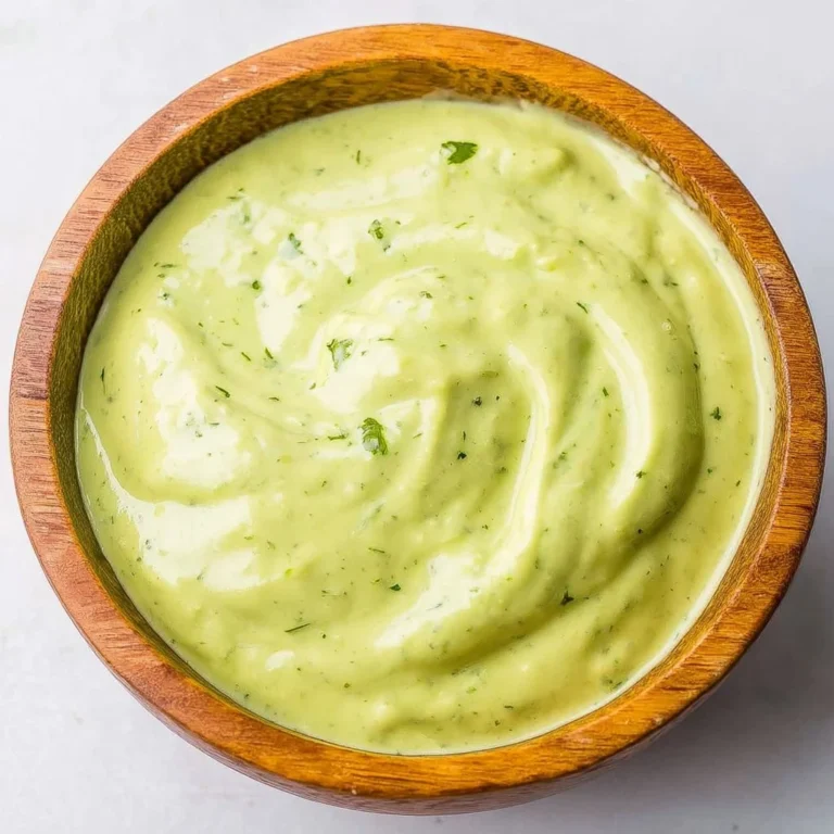 Creamy avocado cilantro lime dressing in a bowl with fresh herbs and lime slices.