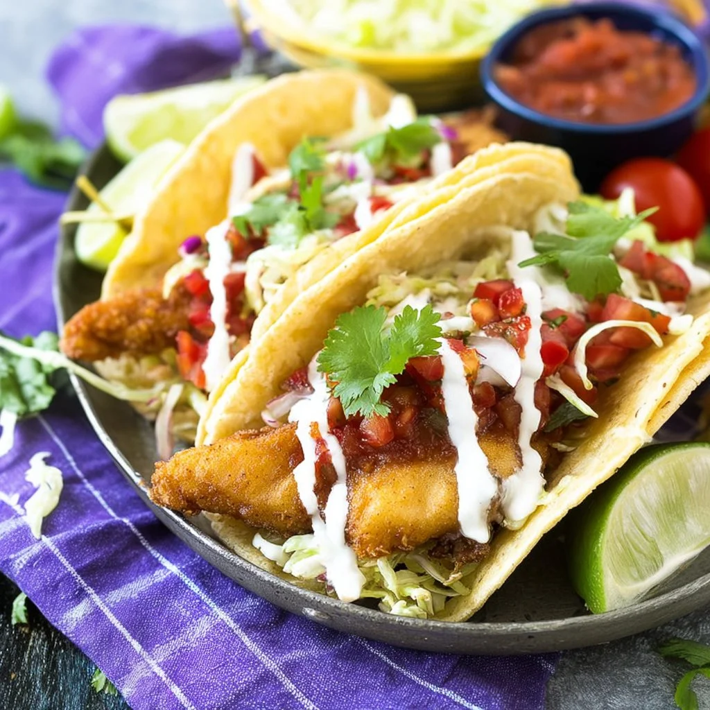 Delicious Baja Fish Tacos topped with fresh ingredients, evoking sunny memories.