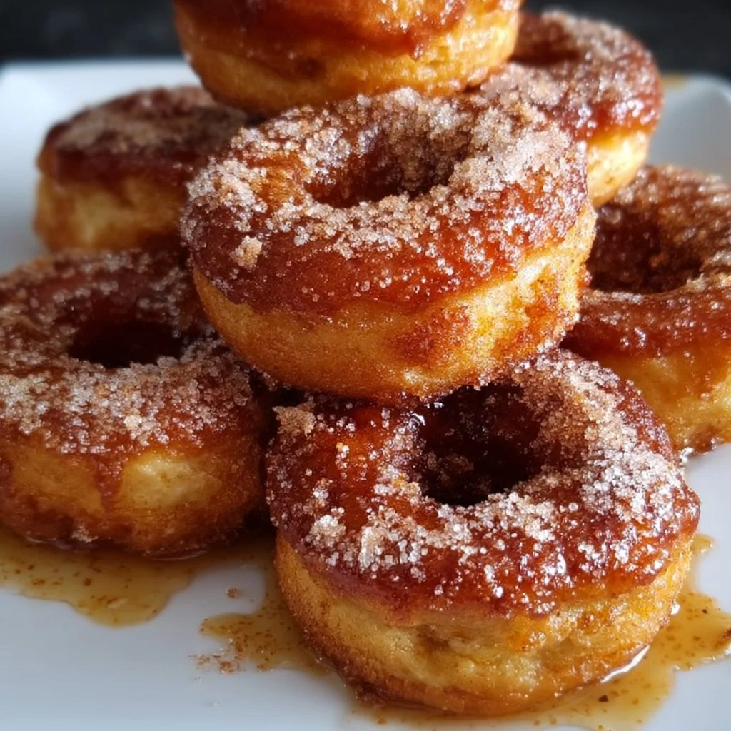 Freshly baked apple donuts with cinnamon, served on a rustic plate