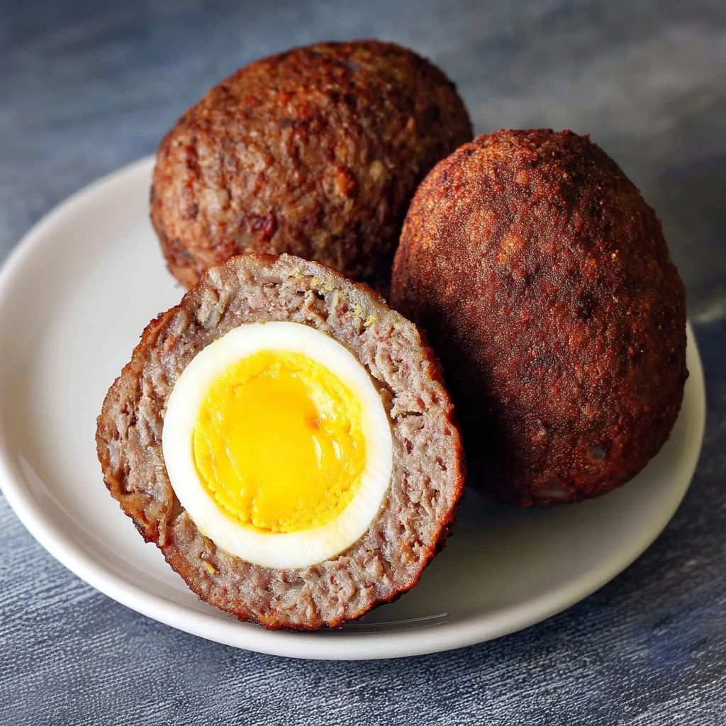 Baked Scotch eggs on a plate, ready to enjoy as a snack or appetizer.