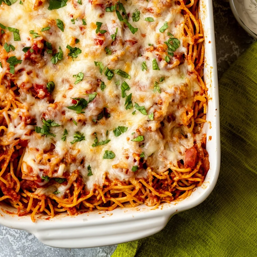 Baked spaghetti dish topped with melted cheese and herbs in a baking dish.