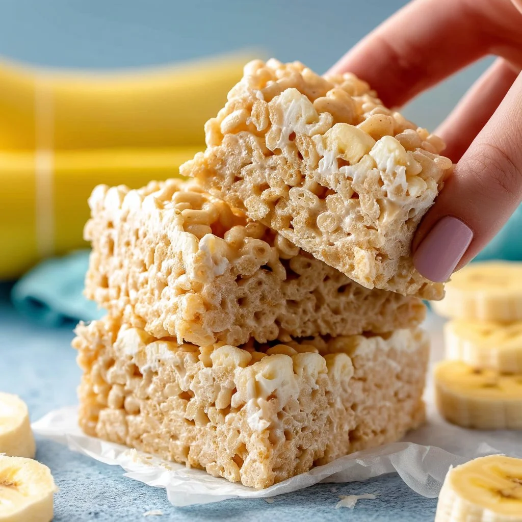 Delicious Banana Cream Pie Rice Krispie Treats on a plate