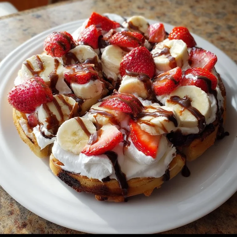 A vibrant Banana Split Fruit Pizza topped with fresh fruits and chocolate drizzle