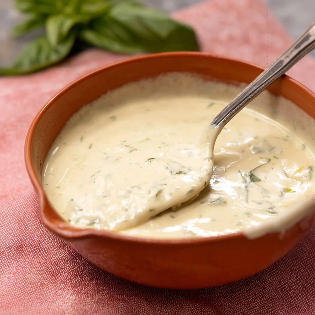 Delicious bowl of Basil Cream Sauce drizzled over pasta and garnished with fresh basil leaves