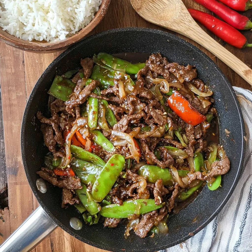 Colorful beef stir fry with vegetables served in a bowl