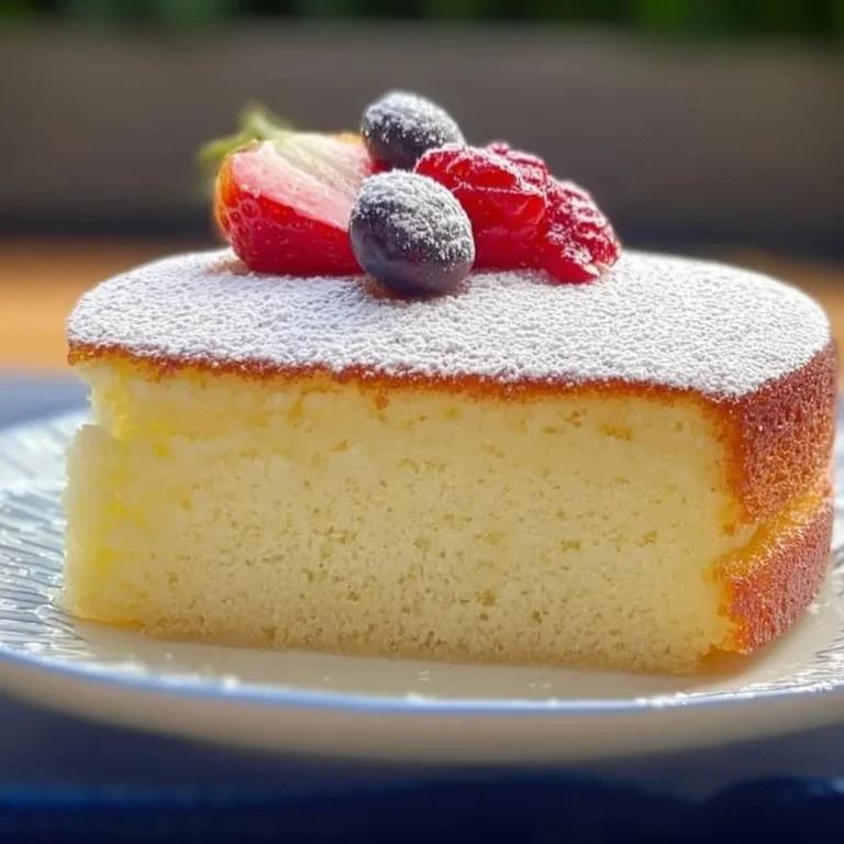 Fluffy sponge cake slice garnished with fresh berries on a plate