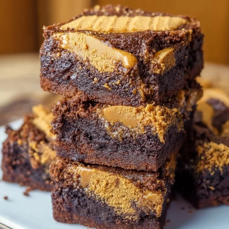 Decadent Biscoff brownies topped with a rich chocolate drizzle