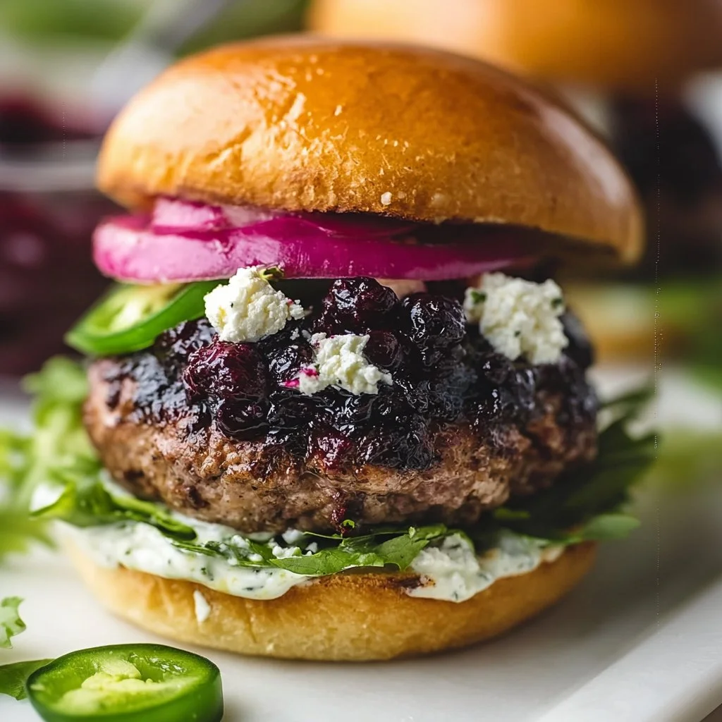 Blueberry feta burgers topped with jalapeño aioli on a rustic wooden table.