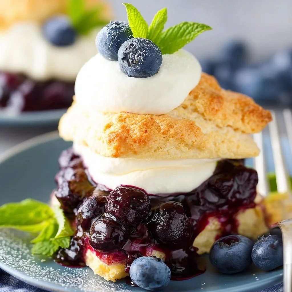Delicious blueberry shortcake topped with fresh berries and whipped cream