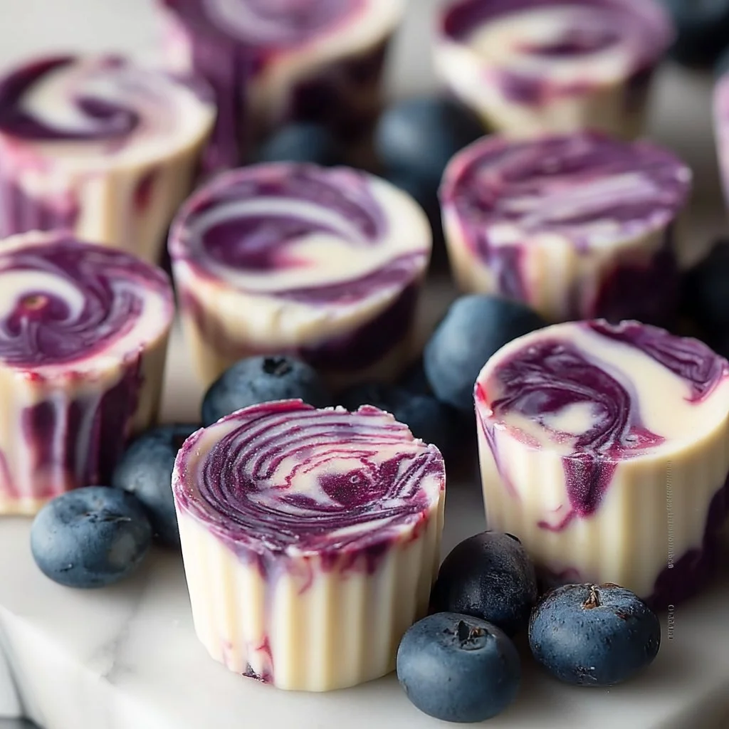 Delicious blueberry swirl yogurt bites in a bowl, ideal for snacking.