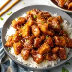 Delicious Bourbon Chicken served with rice and vegetables