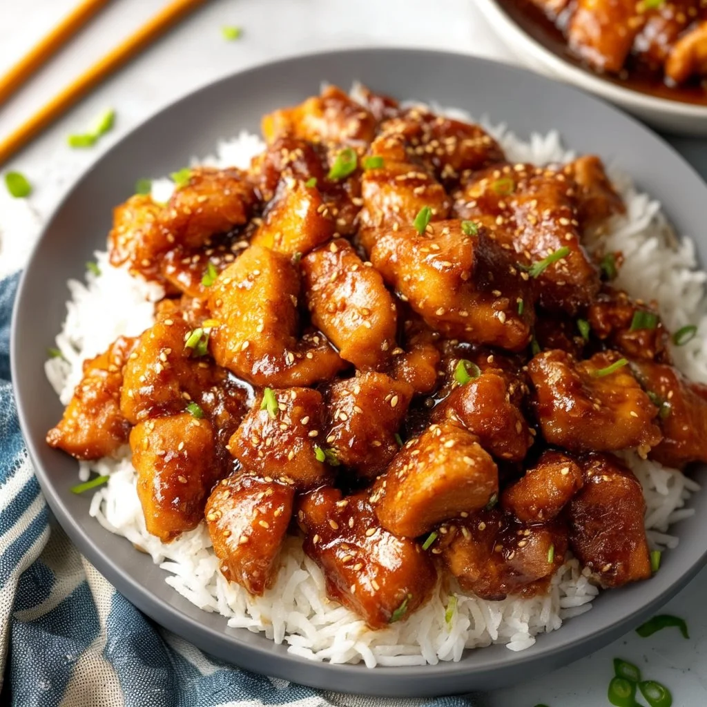 Delicious Bourbon Chicken served with rice and vegetables