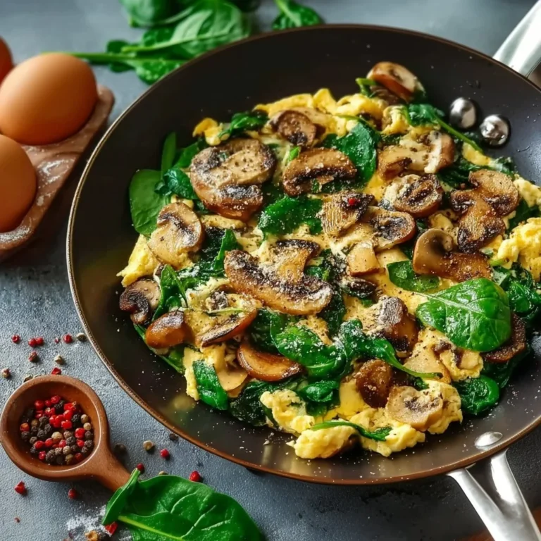 Delicious mushroom spinach scrambled eggs served on a plate