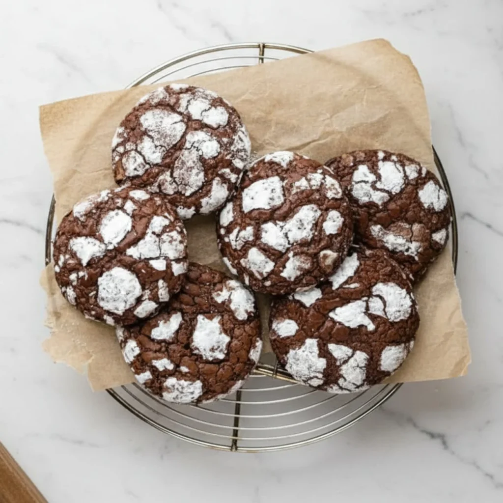 Delicious chocolate crinkle cookies made with brownie mix, showcasing their festive, cracked surface.