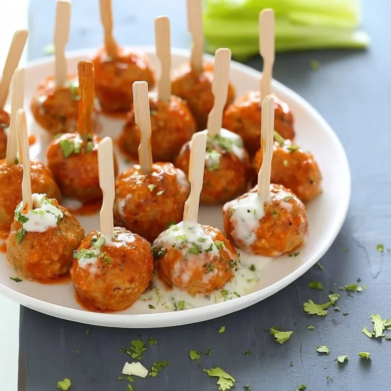 Plate of spicy Buffalo Chicken Meatballs garnished with celery and blue cheese