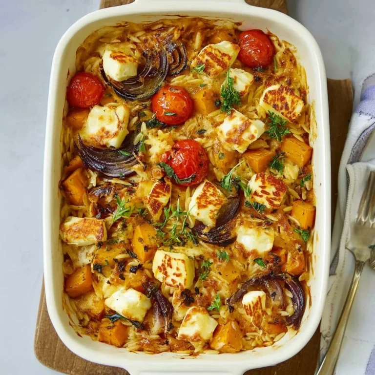 Butternut squash and halloumi orzo bake, a comforting dish served in a baking dish