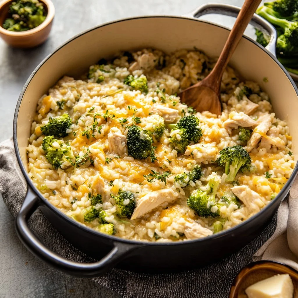 Cheesy chicken risotto with broccoli served in a bowl, a warm comfort food dish.